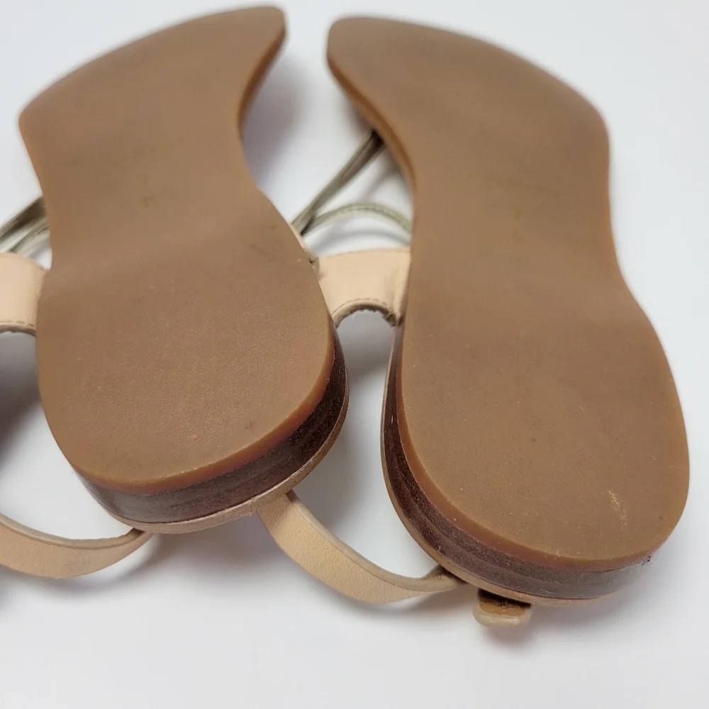 Coach Beige and Metallic Gold Leather T-Strap Sandals - Picture 15 of 16